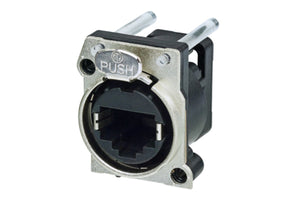 Neutrik Female RJ45 receptacle with metal housing. Offers two light pipes to indicate data transmission